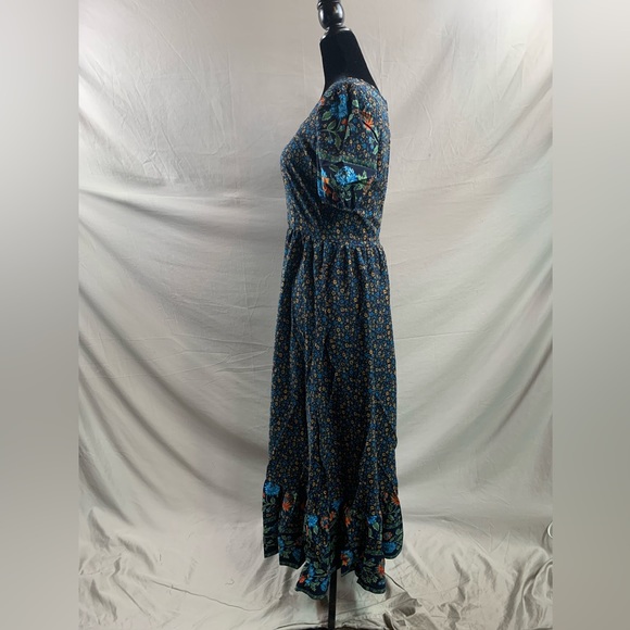 Blue Boho Ditsy Floral Print Sweetheart Neck Ruffle Hem Dress - Picture 8 of 10
